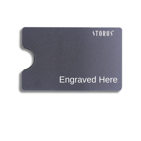 Smart Wallet RFID blocking card holder money clip in gunmetal with Engraved Here engraved on flat side