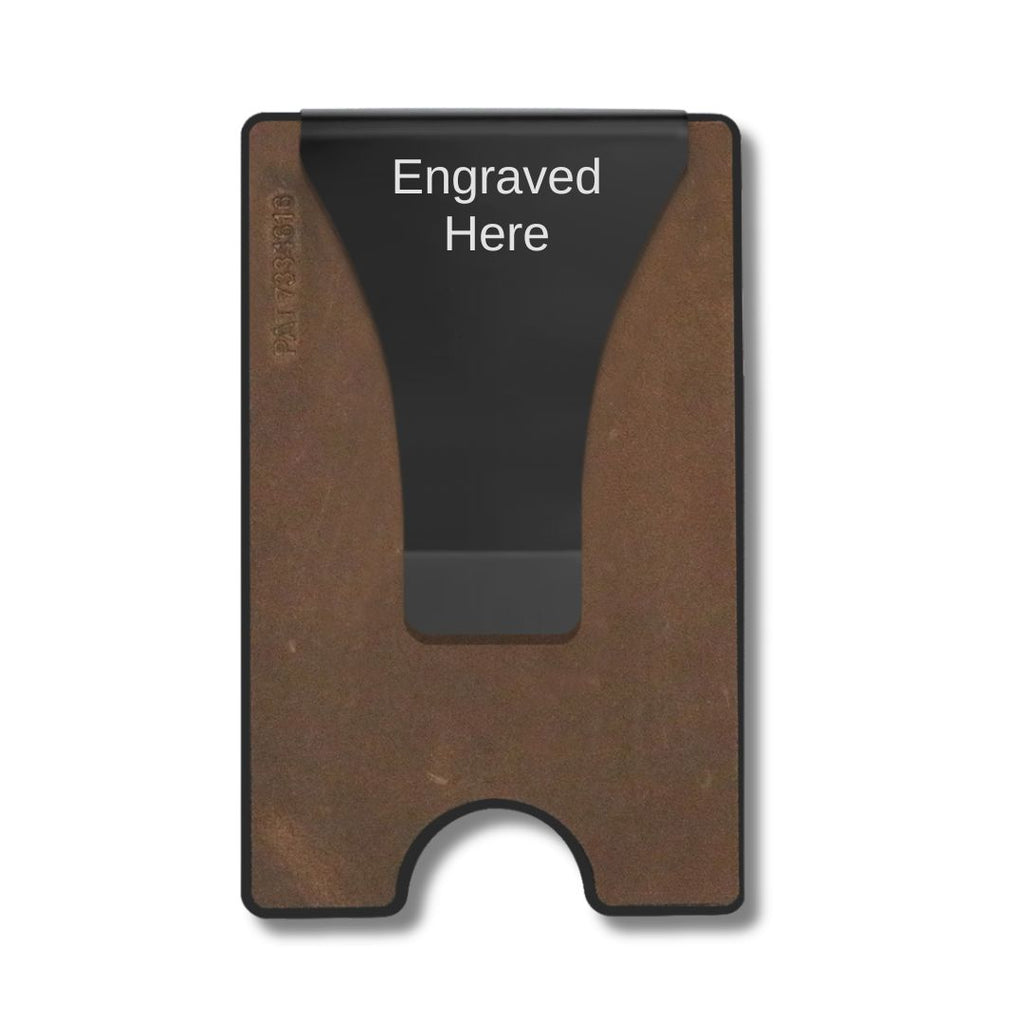 Smart Wallet Leather RFID blocking card holder money clip with Engraved Here on the clip