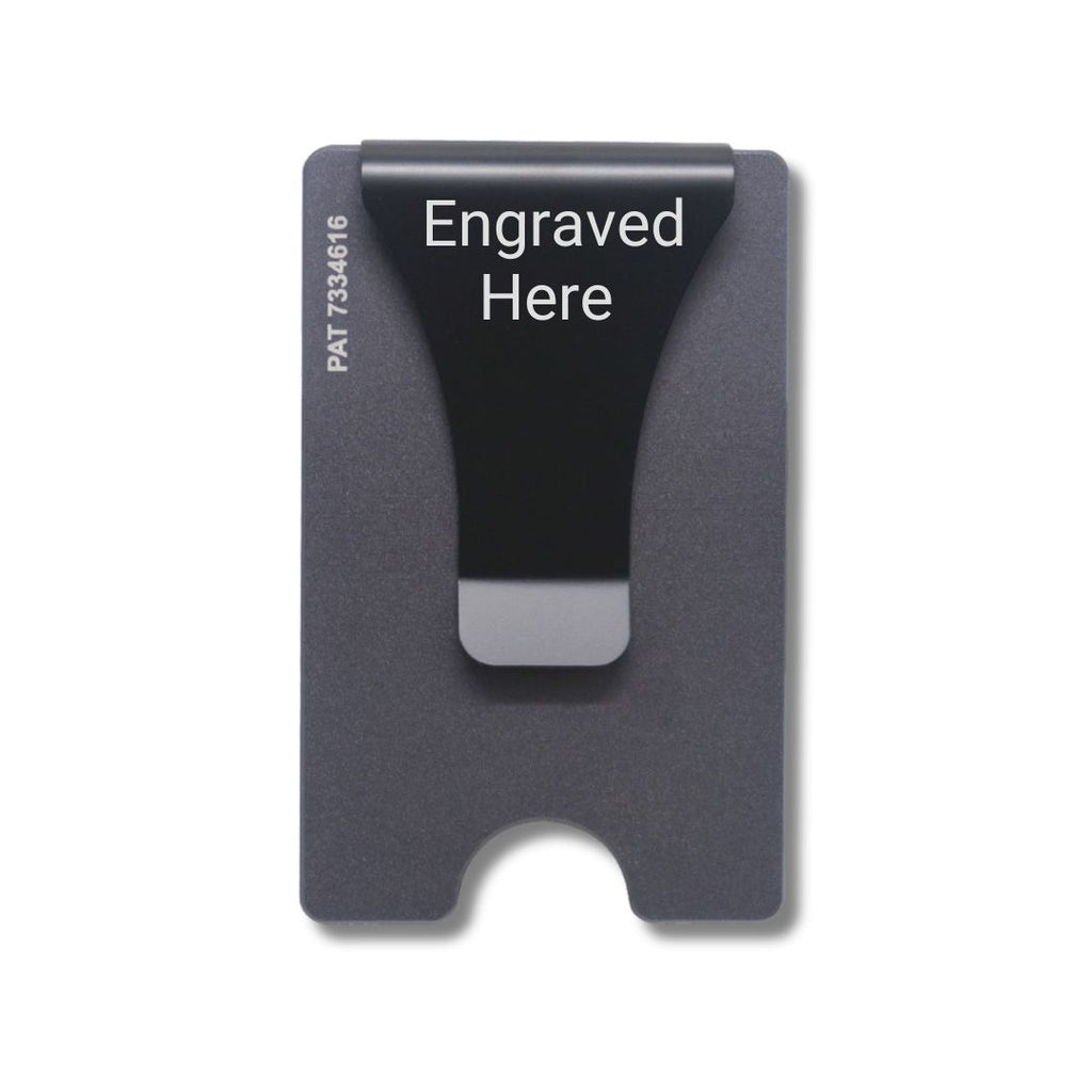 Smart Wallet card holder money clip gunmetal with Engraved Here on the clip