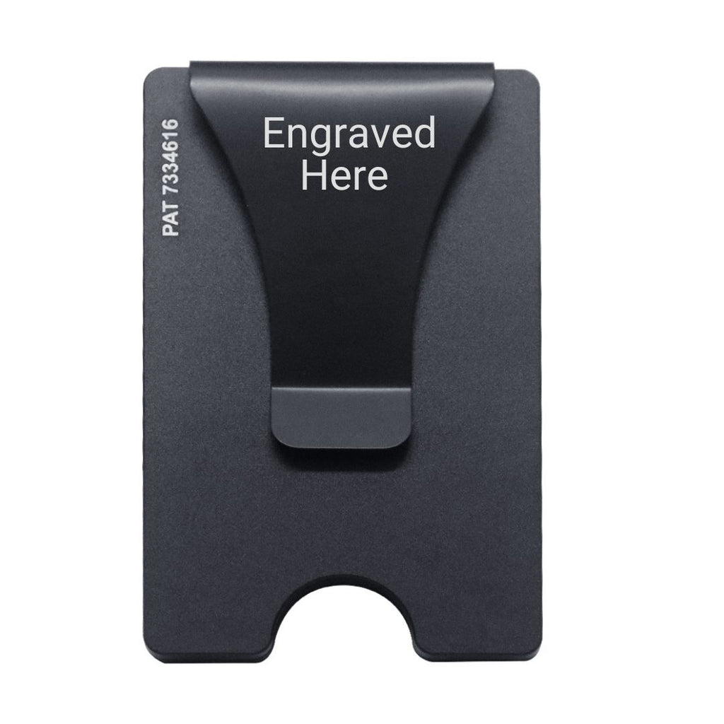 Smart Wallet RFID blocking card holder money clip in premium black with Engraved Here on the money clip