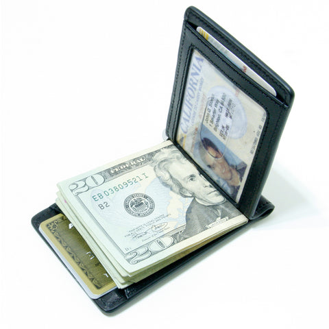 Storus® Promotions - Black Razor Wallet shown open and filled - designed by #ScottKaminski #Storus #wallet #moneyclips #mensaccessories #PromotionalIndustry #PromotionalProducts #PromotionDistributors #Distributors #customizable #engravable #personalize