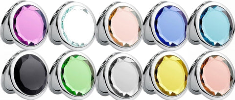 Mia®Jeweled Compact Travel Purse Mirror - all colors - designed by #MiaKaminski of #MiaBeauty #Mia Storus 2-Faced Mirro - show closed and open, front and back - #StorusPromotions #Storus #ScottKaminski #PromotionalIndustry #PromotionalProducts #PromotionDistributors #Distributors #customizable #engravable #personalize #Mirrors