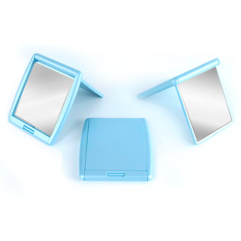 Storus 2-Faced Mirror - blue color shown closed and open, front and back - #StorusPromotions #Storus #ScottKaminski #PromotionalIndustry #PromotionalProducts #PromotionDistributors #Distributors #customizable #engravable #personalize #Mirrors