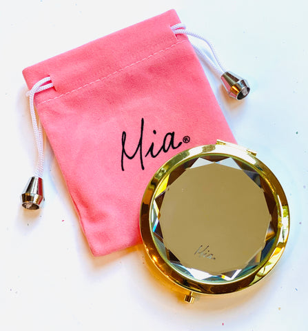 Mia Beauty Jeweled Compact mirror with gold metal and clear  glass rhinestone and pink drawstring pouch