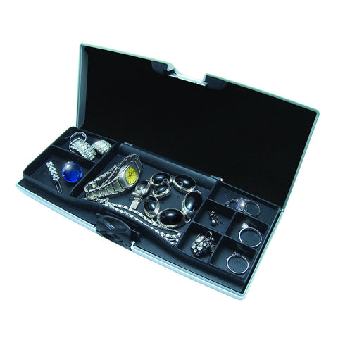 Storus® Promotions - Smart Jewelry Case - compartment side shown filled - designed by #ScottKaminski #Storus #jewelrycase #travelcase #PromotionalProducts #PromotionDistributors #Distributors #customizable #engravable #personalize