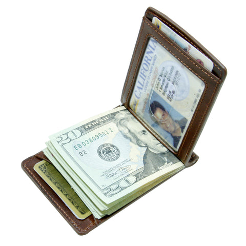 Storus® Promotions - Brown Razor Wallet shown open and filled - designed by #ScottKaminski #Storus #wallet #moneyclips #mensaccessories #PromotionalIndustry #PromotionalProducts #PromotionDistributors #Distributors #customizable #engravable #personalize