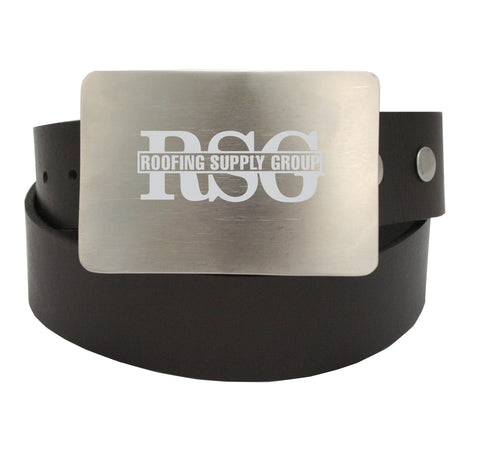 Storus Promotion Smart Belt Buckle Titanium finish with RSG Roofing Supply Group logo engraved