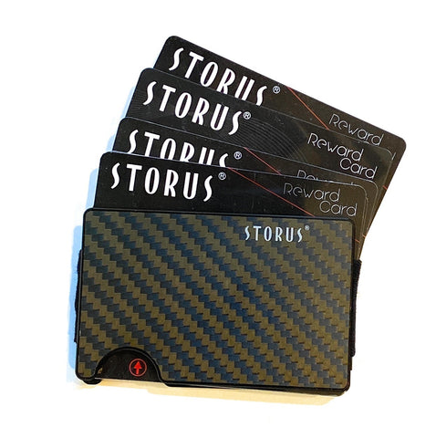 Storus Smart Wallet flat side shown with Storus reward cards